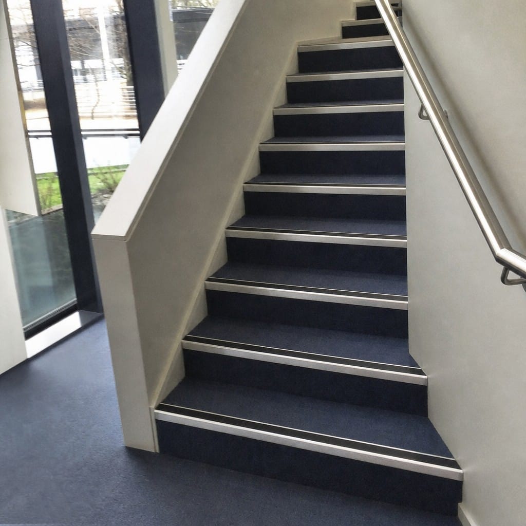 Customer photo review of Heavy Duty Rake Back Aluminium Stair Nosing 2.44m, 62 x 56mm, DDA Single Insert