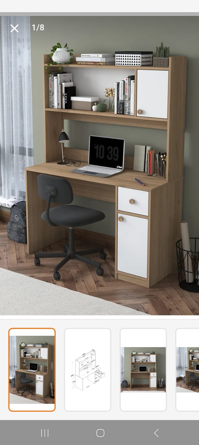 Customer photo review of Rani HA127 Kitaplıklı Raflı 2 Kapaklı 1 Çekmeceli Çalışma Ofis Bilgisayar Masası Sepet Ceviz - Beyaz