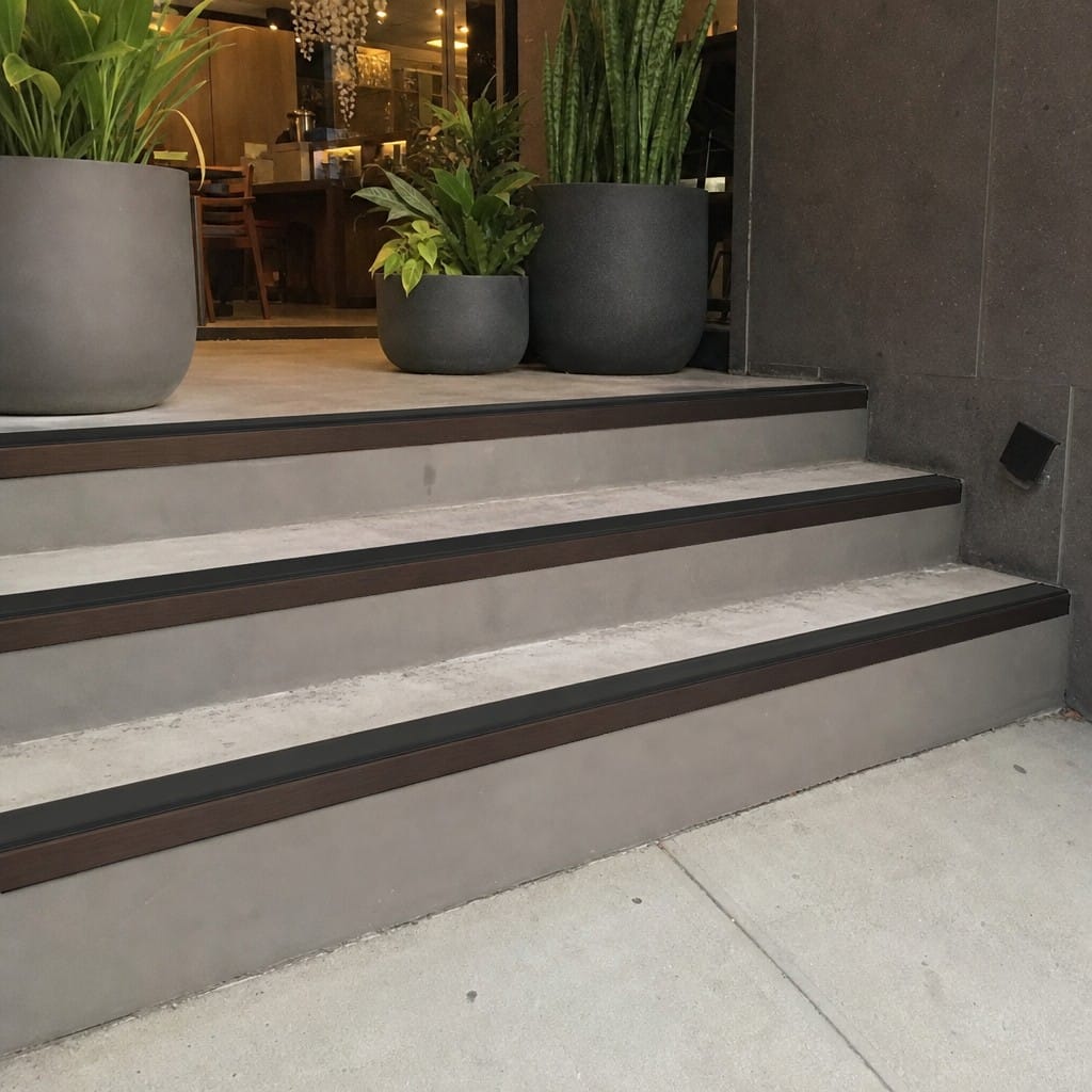 Customer photo review of Black, Bronze & Mirror Aluminium Stair Nosing 70x56mm Square Edge, DDA Riser