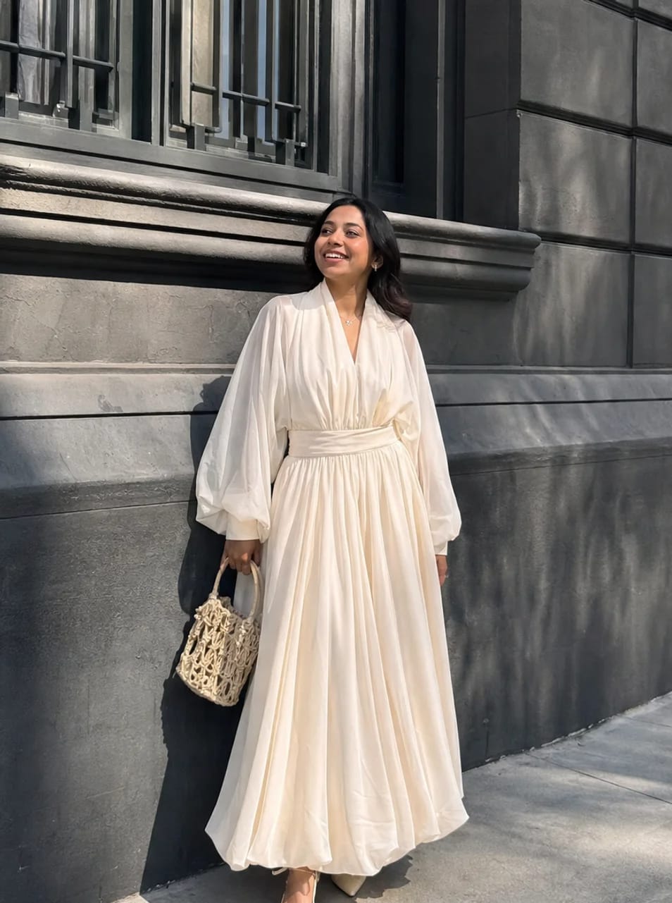 Customer photo review of Deep V-Neck Puff Sleeve Chiffon Maxi Dress for Wedding Guests
