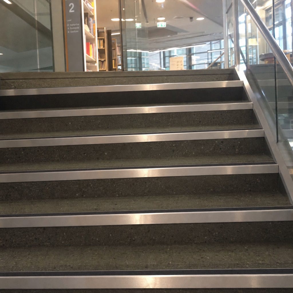 Customer photo review of Heavy Duty Rake Back Aluminium Stair Nosing 3.22m, 62 x 56mm, DDA Single Insert