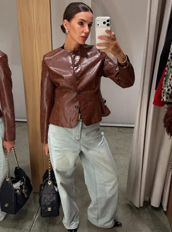 Customer photo review of Sandra Croc Embossed Faux Leather Jacket