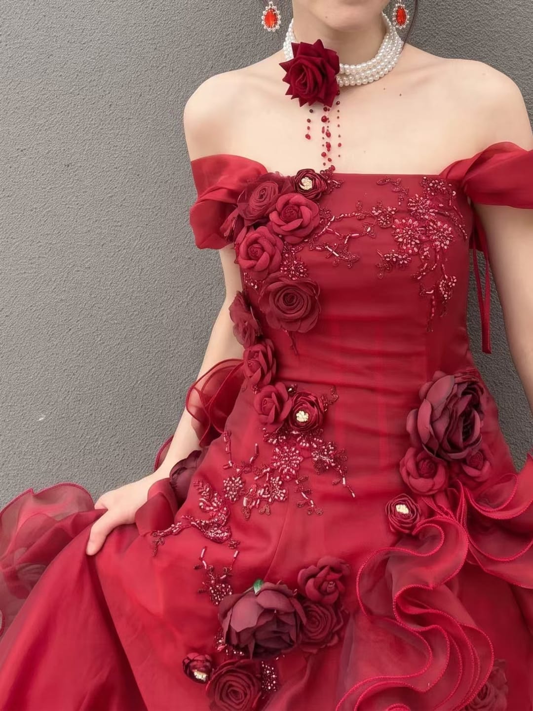 Customer photo review of Burgundy Strapless Layered Ruffle Dress with Floral Appliqué – Floral Evening Dress with Corset Back Plus Size
