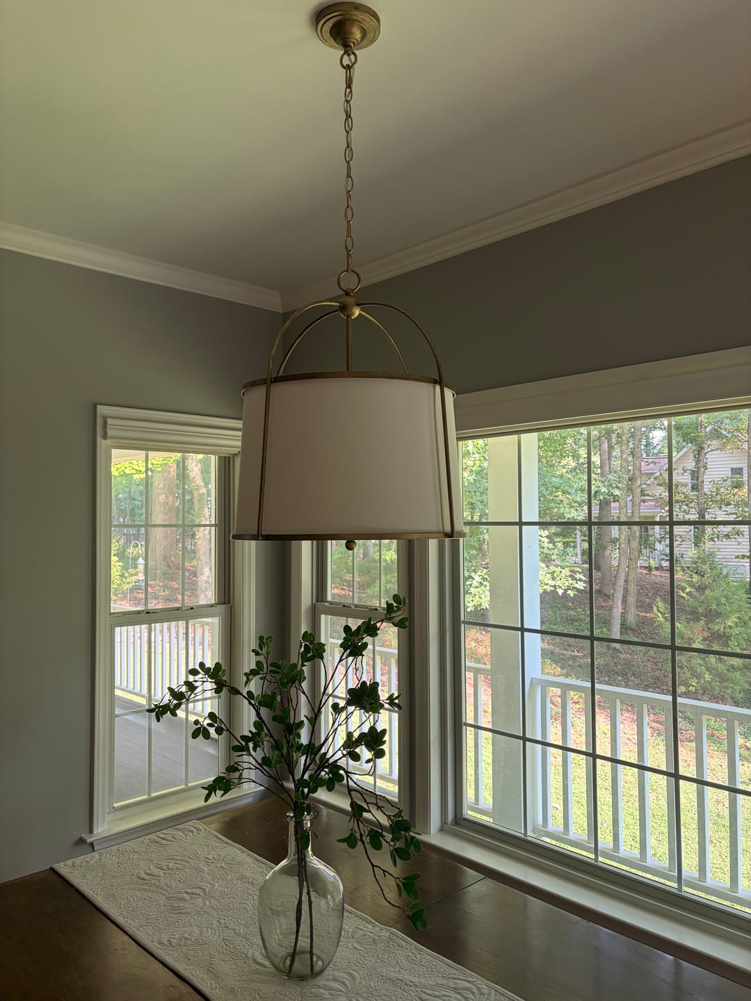 Customer photo review of 4-Light Distressed Gold White Linen Drum Lantern Pendant