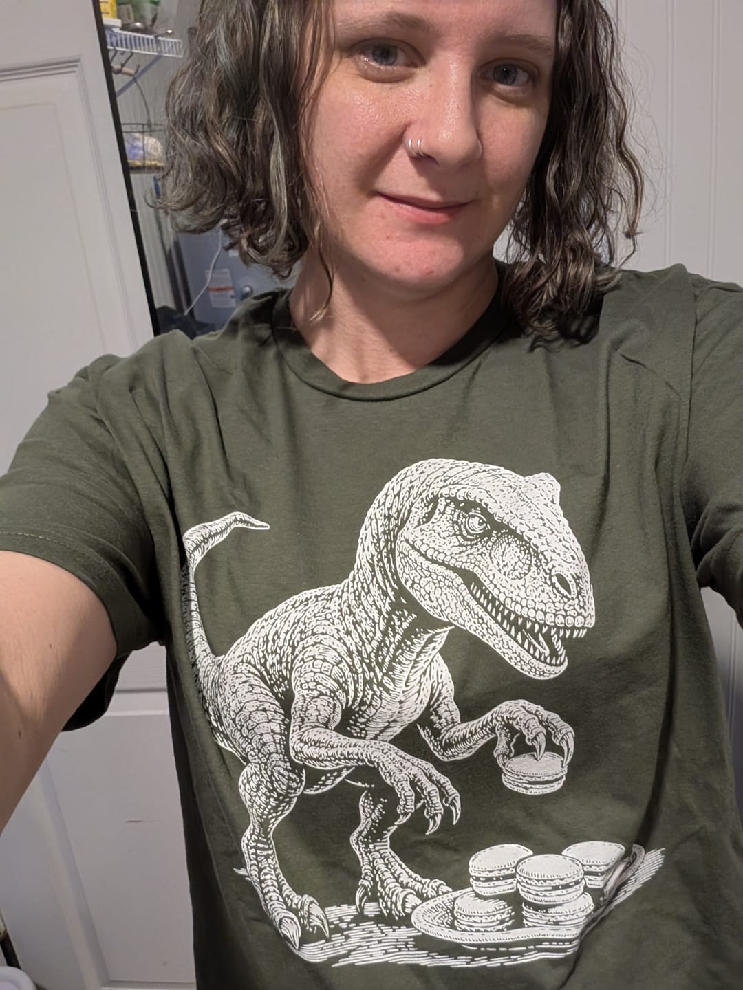 Customer photo review of Velociraptor Macaron T-Shirt