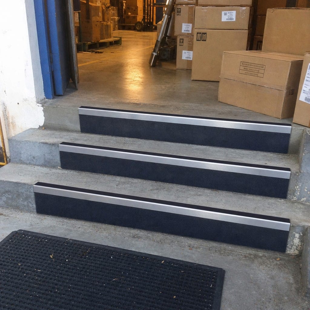 Customer photo review of Heavy Duty Rake Back Aluminium Stair Nosing 2.75m, 62 x 56mm, DDA Single Insert