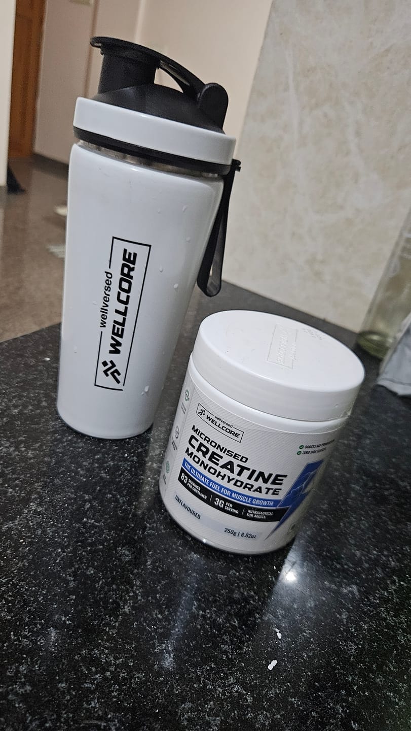 Customer photo review of Wellcore - Micronised Creatine Monohydrate (83 Servings, Unflavoured) + Premium Steel Shaker