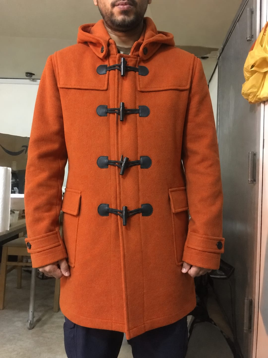 Customer photo review of Musefire Orange Wool Duffle Coat with Hood For Men