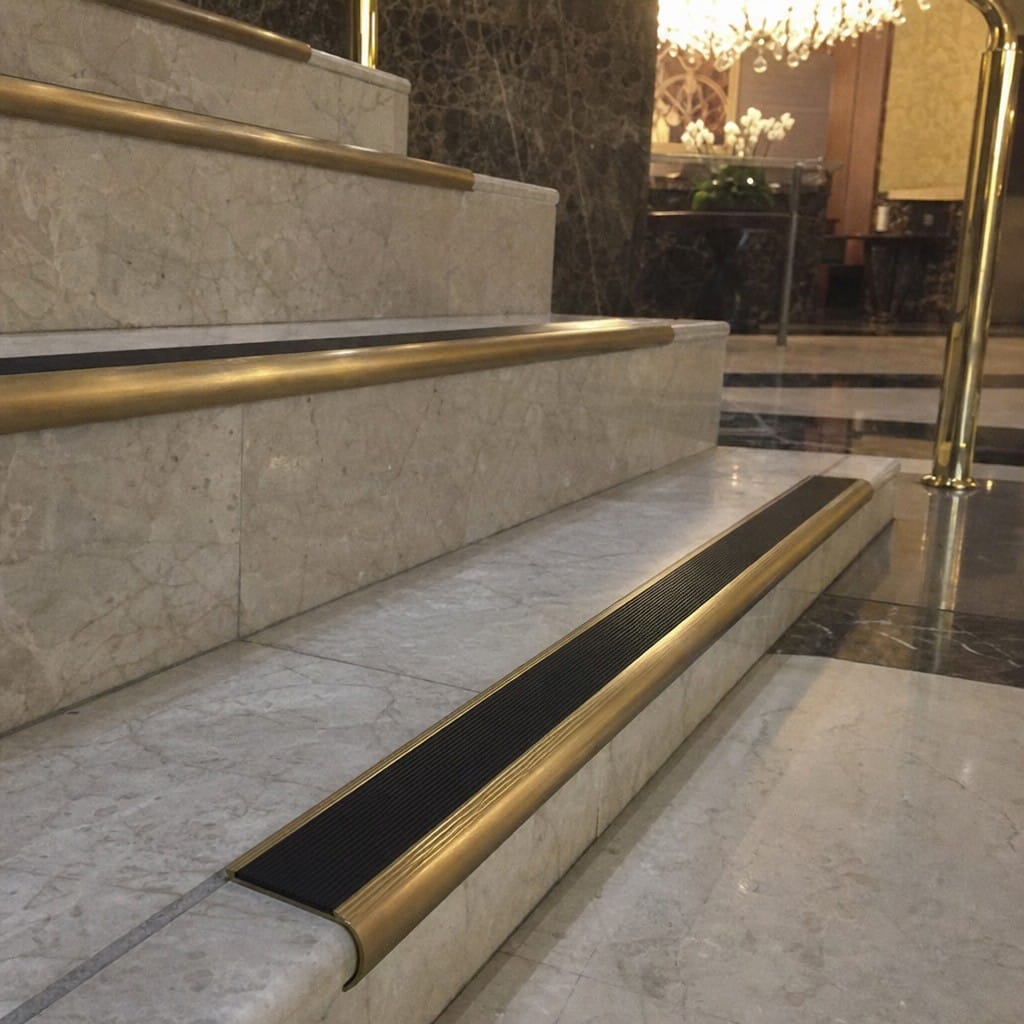 Customer photo review of Solid Brass Raked Back Stair Nosing Cut to Any Size