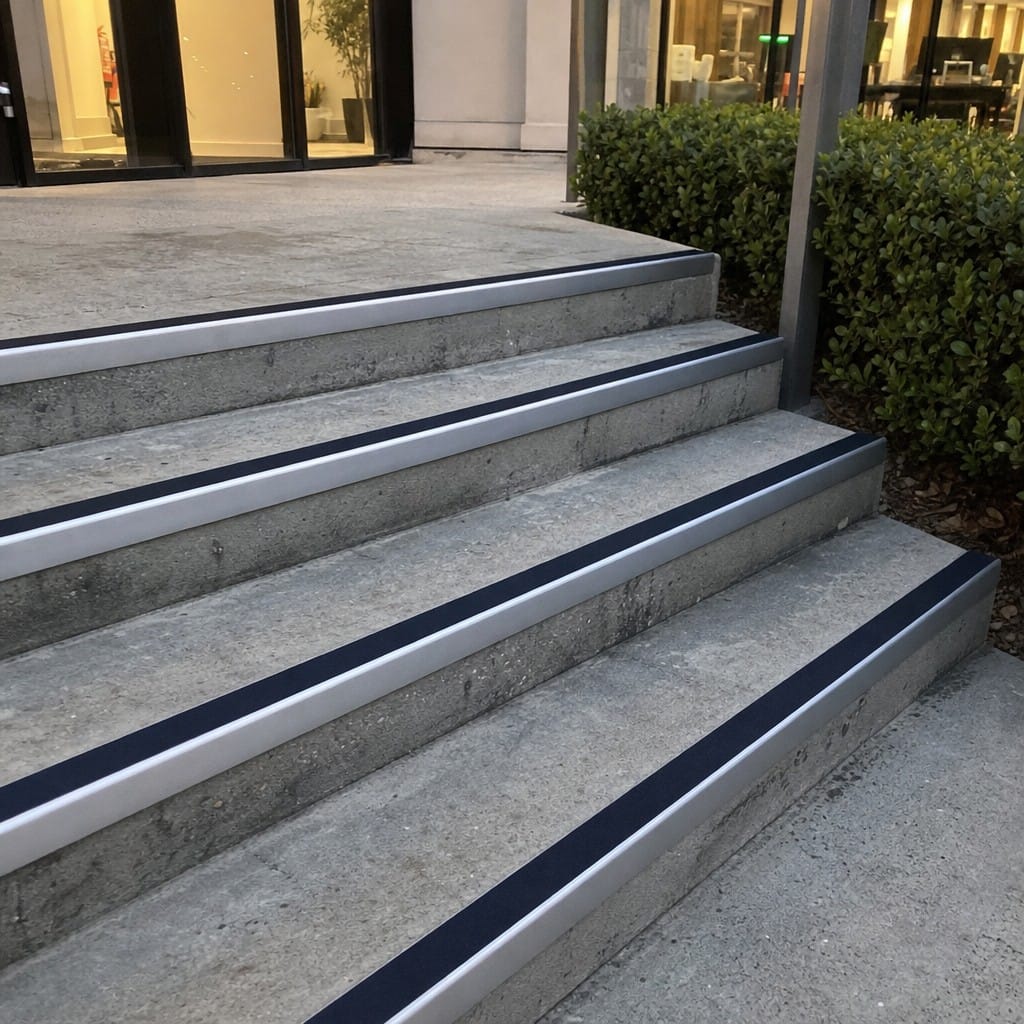 Customer photo review of Heavy Duty Rake Back Aluminium Stair Nosing 3.22m, 62 x 56mm, DDA Single Insert