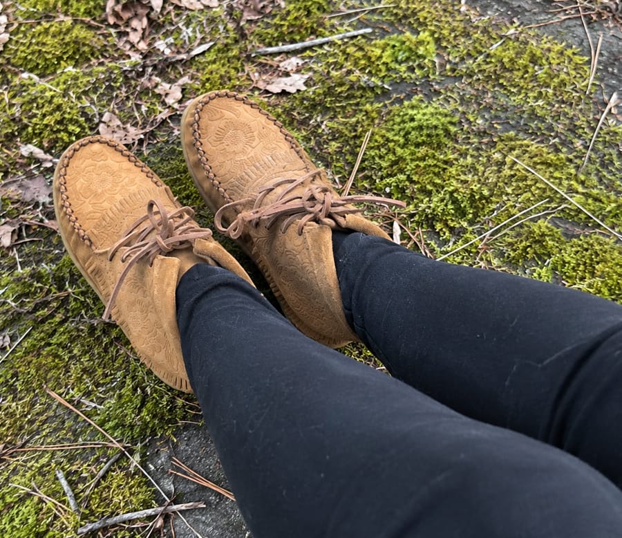 Customer photo review of Women's Floral Embossed Suede Moccasin Boots