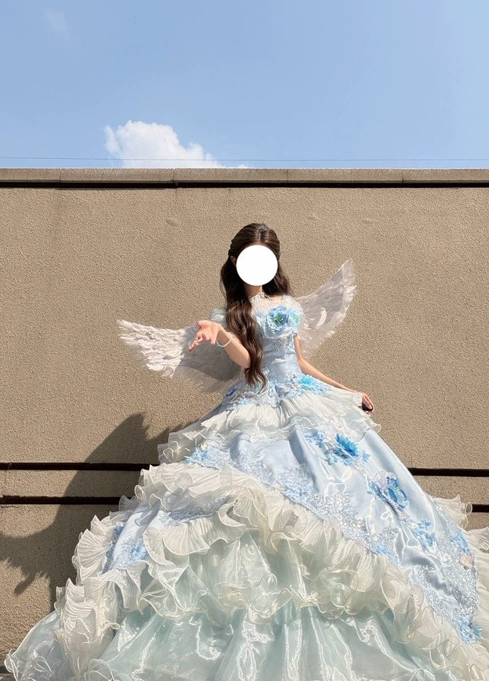 Customer photo review of Blue Floral Off the Shoulder Ball Gown Evening Dress with Tiered Ruffles & Lace-Up Back Plus Size
