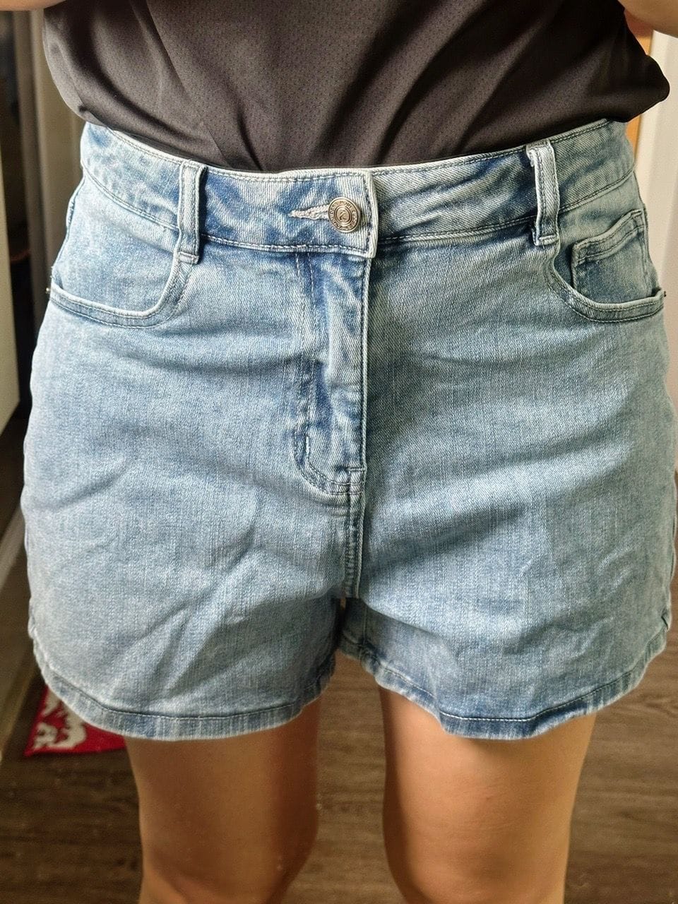 Customer photo review of Mid-Waisted Stretch Denim Shorts