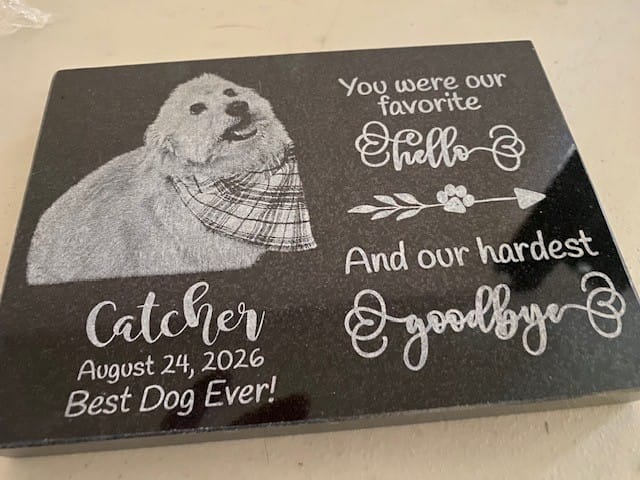 Customer photo review of Outdoor Personalized Dog Memorial Plaque You Were My Favorite Hello and My Hardest Goodbye Personalized Outdoor Plaque