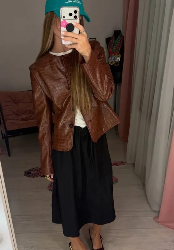Customer photo review of Sandra Croc Embossed Faux Leather Jacket