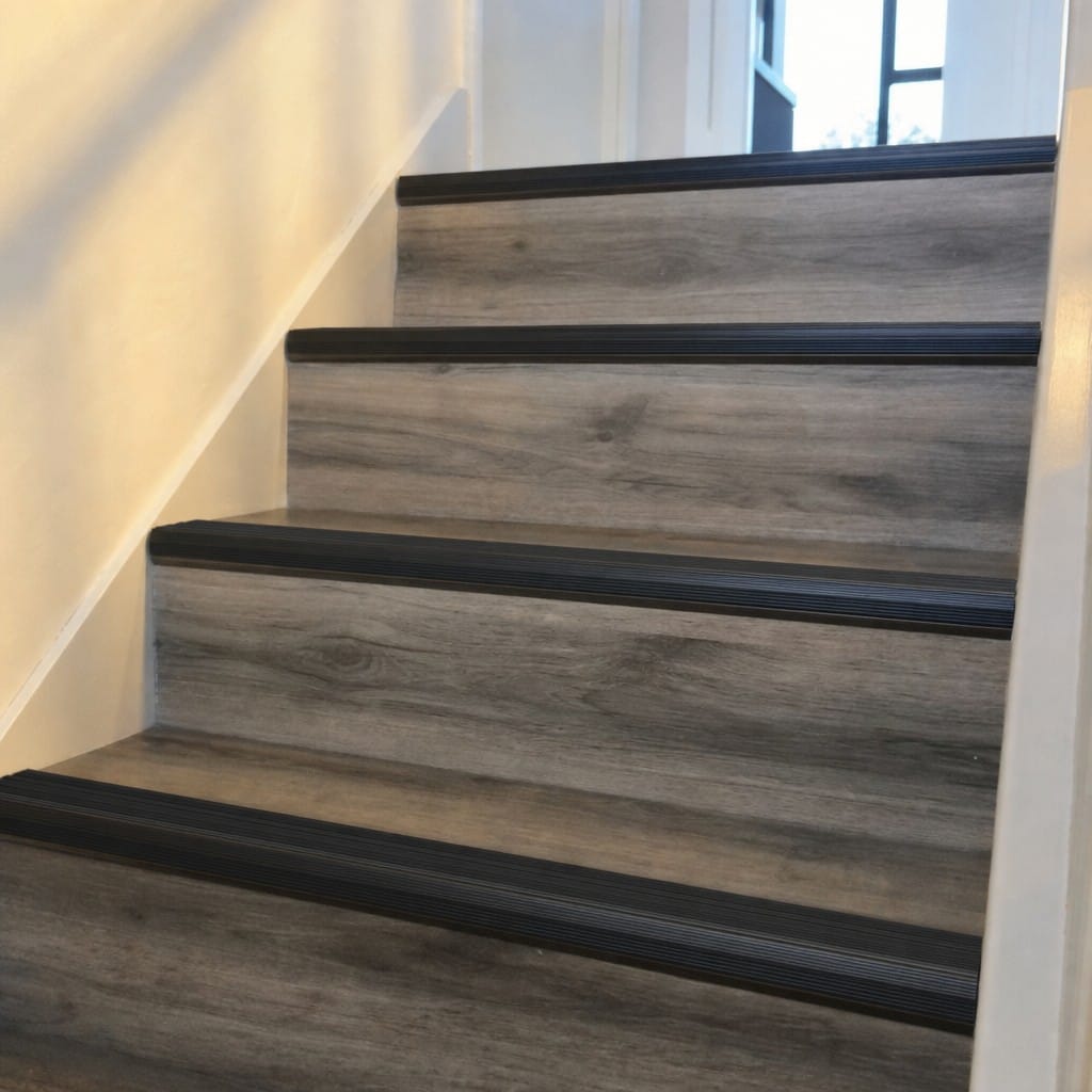 Customer photo review of Aluminium Stair Nosing 63.5x30mm Raked Back, Bronze & Black