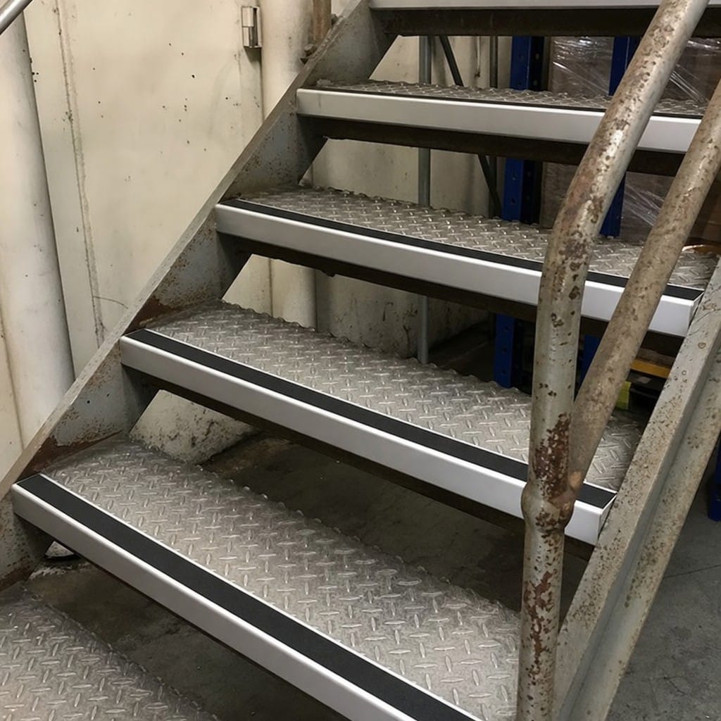 Customer photo review of Heavy Duty Rake Back Aluminium Stair Nosing 2.44m, 62 x 56mm, DDA Single Insert