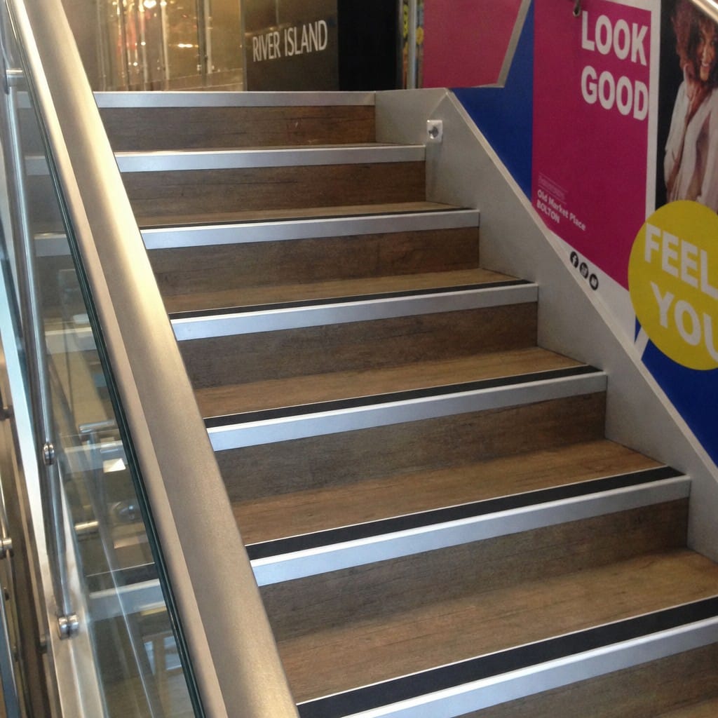 Customer photo review of Heavy Duty Rake Back Aluminium Stair Nosing 2.75m, 62 x 56mm, DDA Single Insert