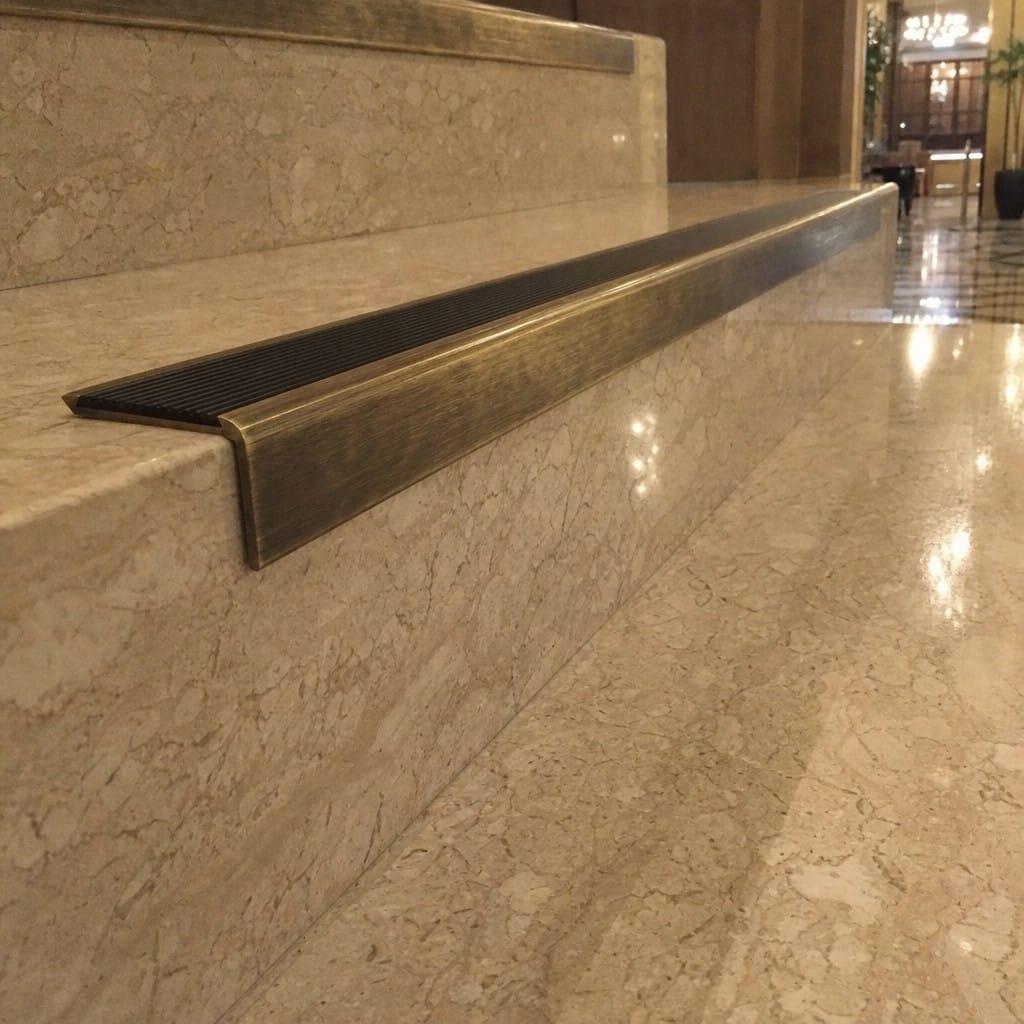 Customer photo review of Solid Brass Stair Nosing with Carborundum Insert Cut to Any Size