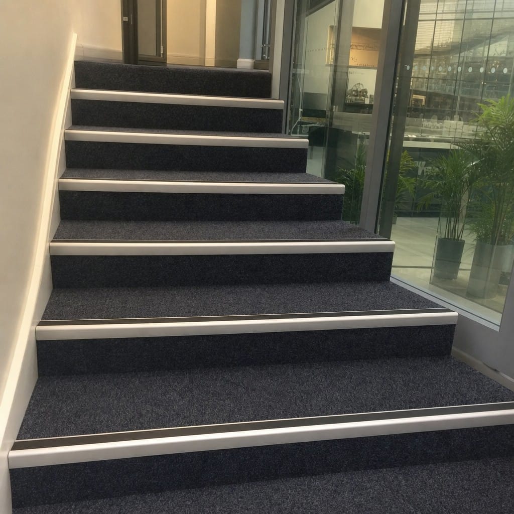 Customer photo review of Heavy Duty Rake Back Aluminium Stair Nosing 2.75m, 62 x 56mm, DDA Single Insert