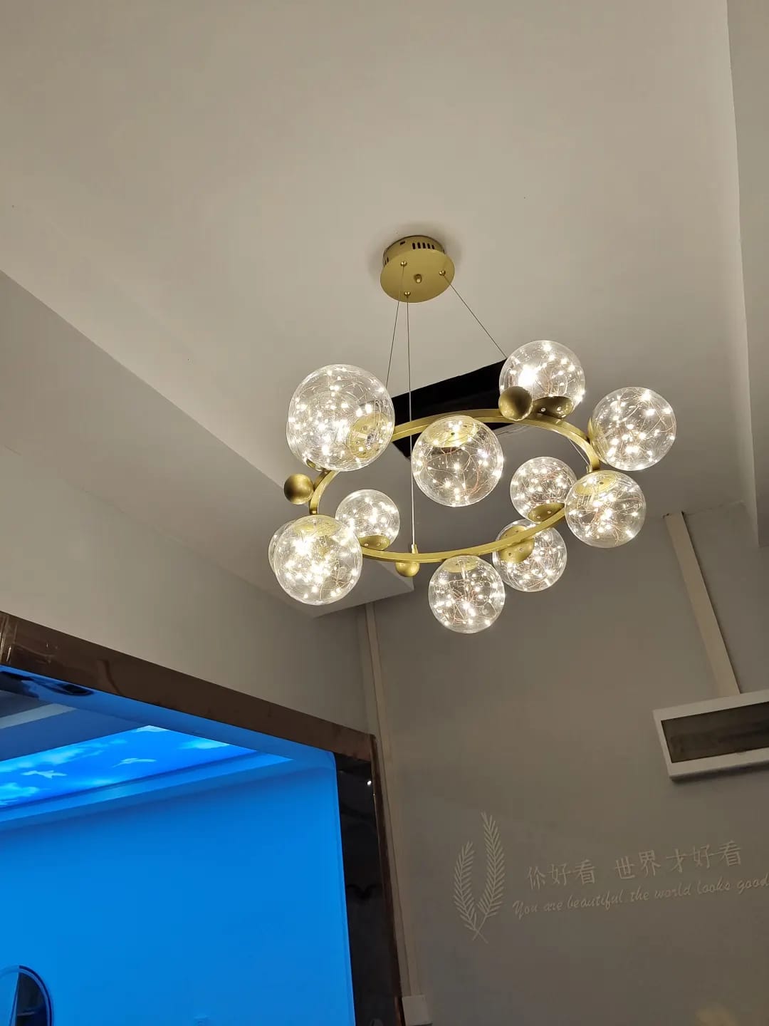 Customer photo review of Gold Chandelier for Stairwell, Glass Spheres, 100 cm
