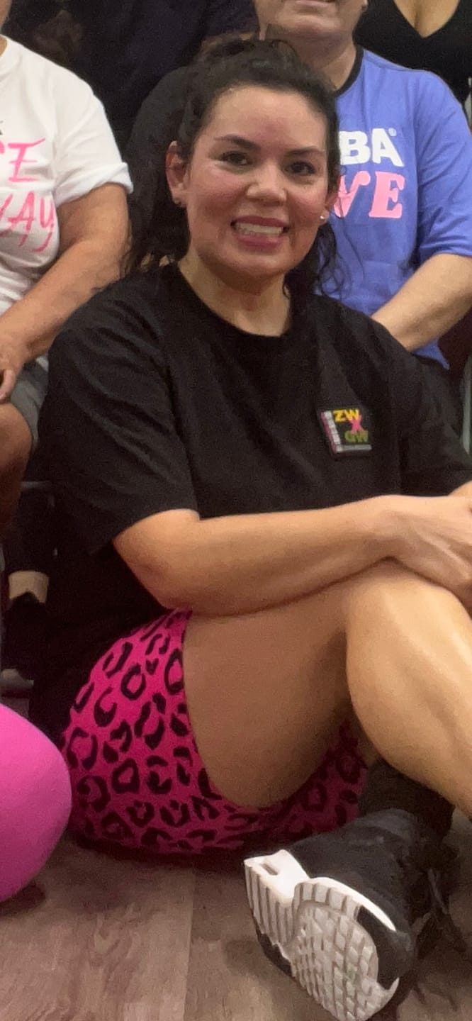 Customer photo review of Zumba Sizzlin' High Waisted Biker Shorts - Pink/Black
