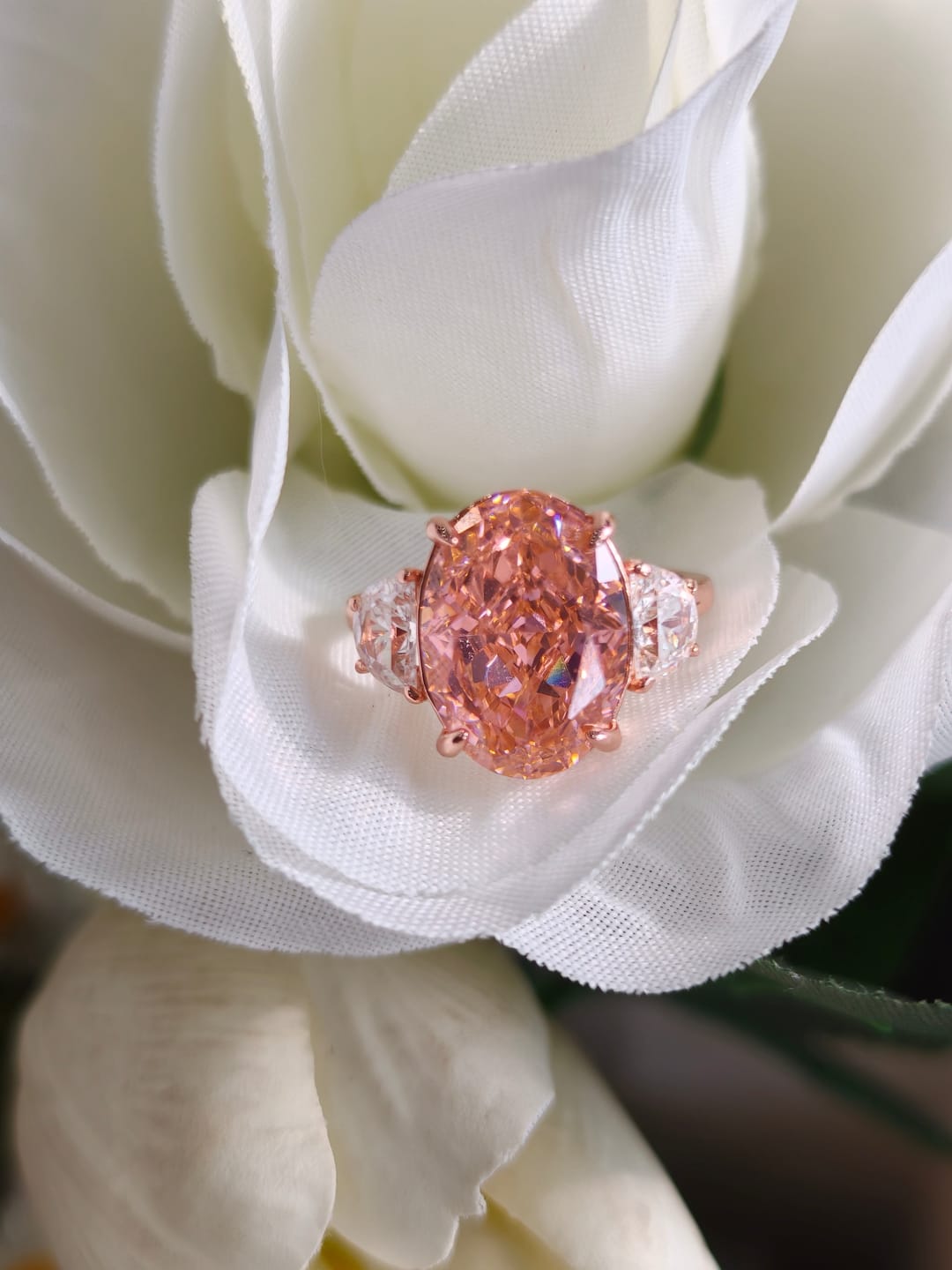 Customer photo review of 5.5Ct Pink Oval Cut Three Stone Engagement Ring Travel Ring In Sterling Silver