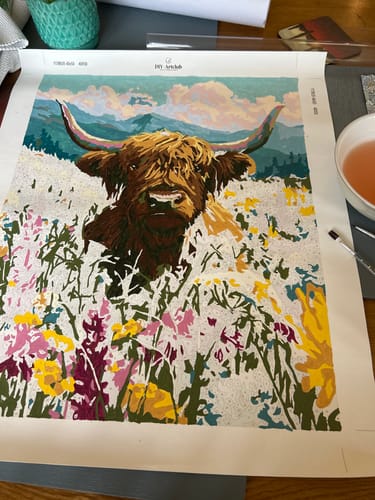 Customer's Highland in Bloom Paint by Number canvas showing a brown highland cow in a field of colorful wildflowers.
