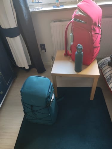 Customer's Organizer 30L backpacks, one teal and one red, standing in a room before travel.