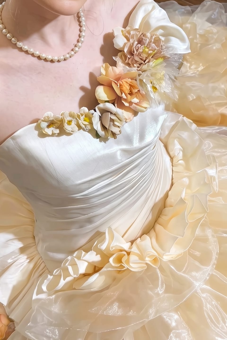 Customer photo review of Champagne Tulle Evening Dress with Floral Appliqué and Layered Ruffle Ball Gown Plus Size