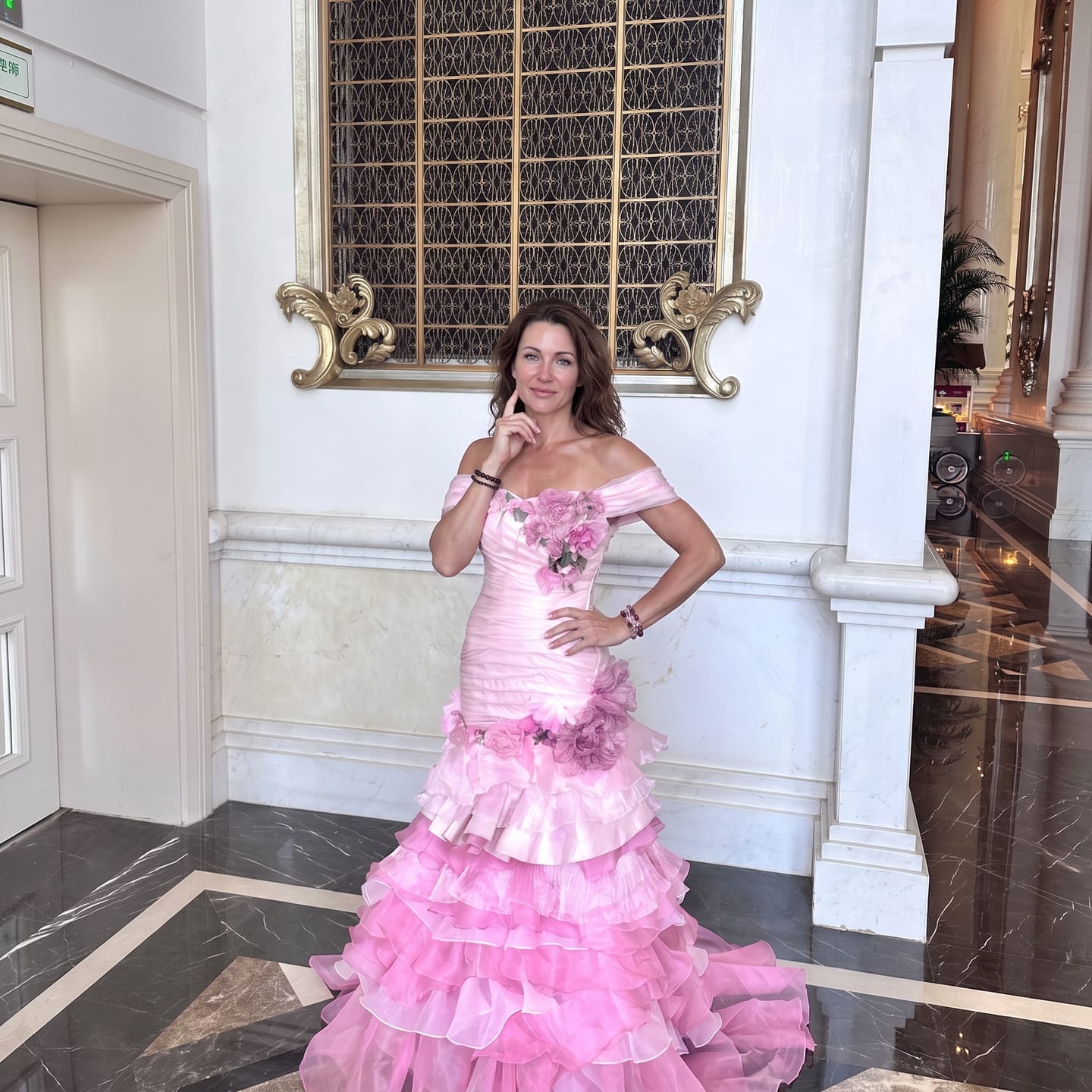 Customer photo review of Pink Floral Mermaid Gown with 3D Flower Appliqué and Ruffled Evening Dress Plus Size