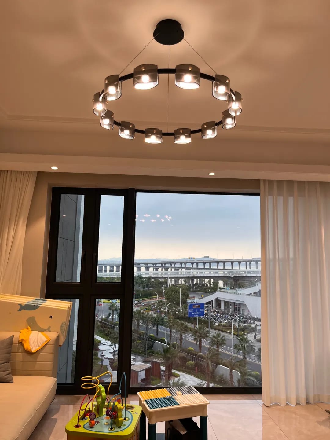 Customer photo review of Copper Chandelier for Dining Table, Amber Glass Ring, 5-15 Lights