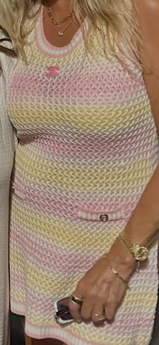 Customer's Multi color C dress with a textured knit pattern, worn by a person.
