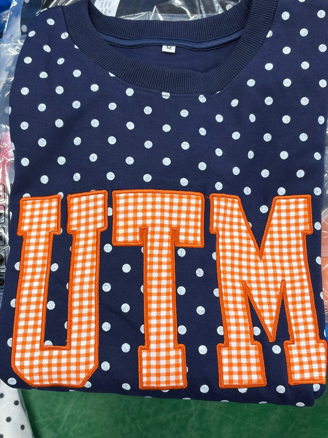 Customer photo review of Custom Patchwork Fabric Embroidered Polka Dot Sweatshirt Team and School Name Applique Varsity Letters | Game Day Wear