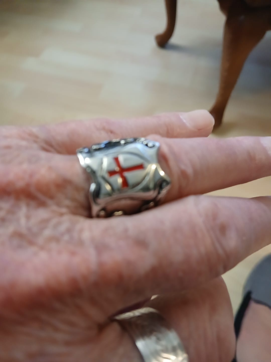 Customer photo review of FREE Today: Medieval Style Red Cross Shield Ring with Knightly Design and Engraved Details