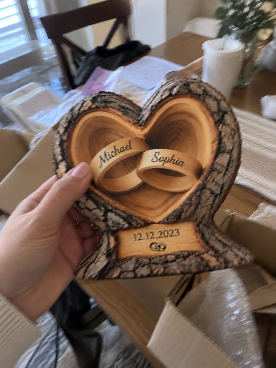 Customer photo review of Love Rings In Heart Tree - Personalized Customized 3-layered Wooden Plaque - Romantic Gift For Couple, Husband Wife