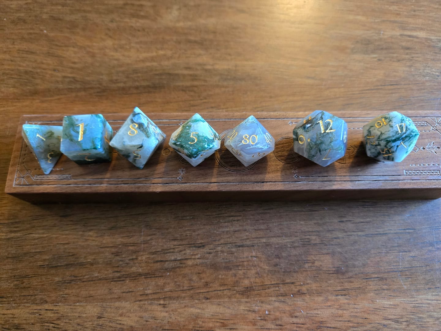 Customer photo review of URWizards D&D Moss Agate Gemstone Engraved Dice Set(Limited edition)