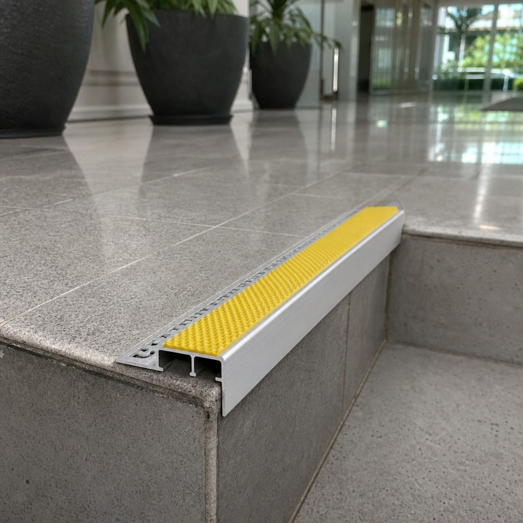 Customer photo review of Heavy Duty Tile-In Stair Nosing 56 x 55mm, Quartz Textured Anti-Slip Insert, for 10mm & 12.5mm Tiles