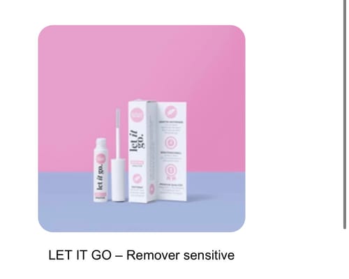 Customer's LET IT GO Remover sensitive bottle and packaging displayed against a pink and blue background.
