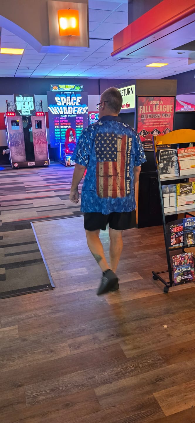 Customer photo review of Blue Camo American Flag Veteran Skull Bowling Hawaiian Shirt Custom patriotic Bowling Team Jerseys NQS11047