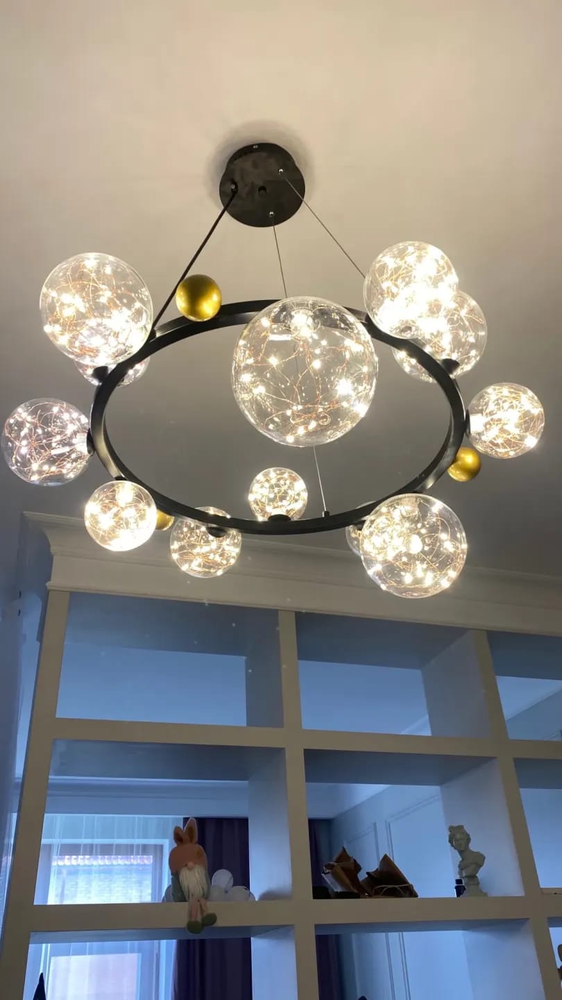 Customer photo review of Gold Chandelier for Stairwell, Glass Spheres, 100 cm