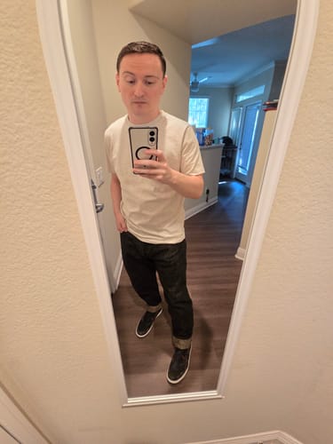 Customer's Easy Guy Mezuki Selvedge denim jeans worn, shown in a mirror selfie.