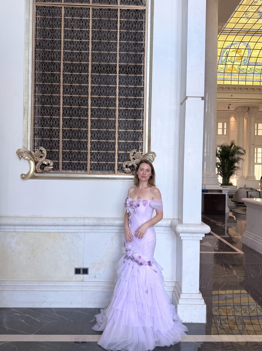 Customer photo review of Lavender Mermaid Evening Dress with 3D Floral Appliqué and Tiered Ruffle Tulle Skirt Plus Size