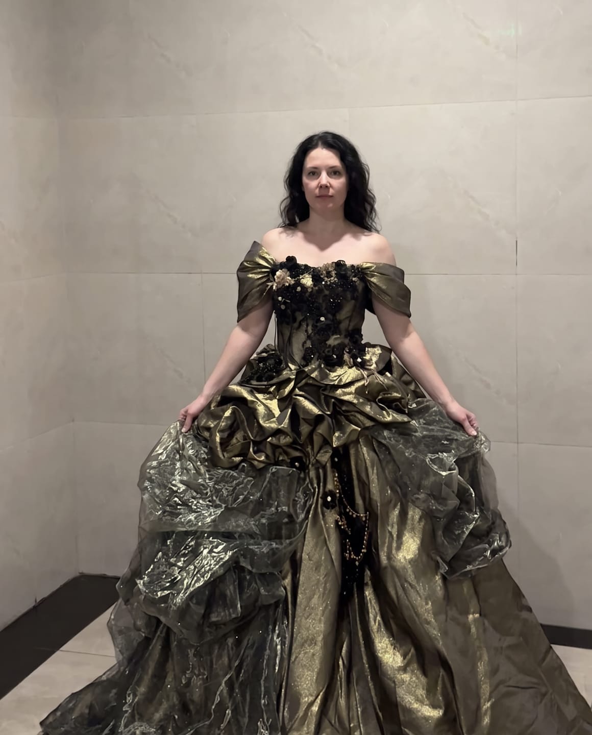 Customer photo review of Black and Gold Gothic Ball Gown with Sequin Corset and Ruffled Organza Evening Dress Plus Size