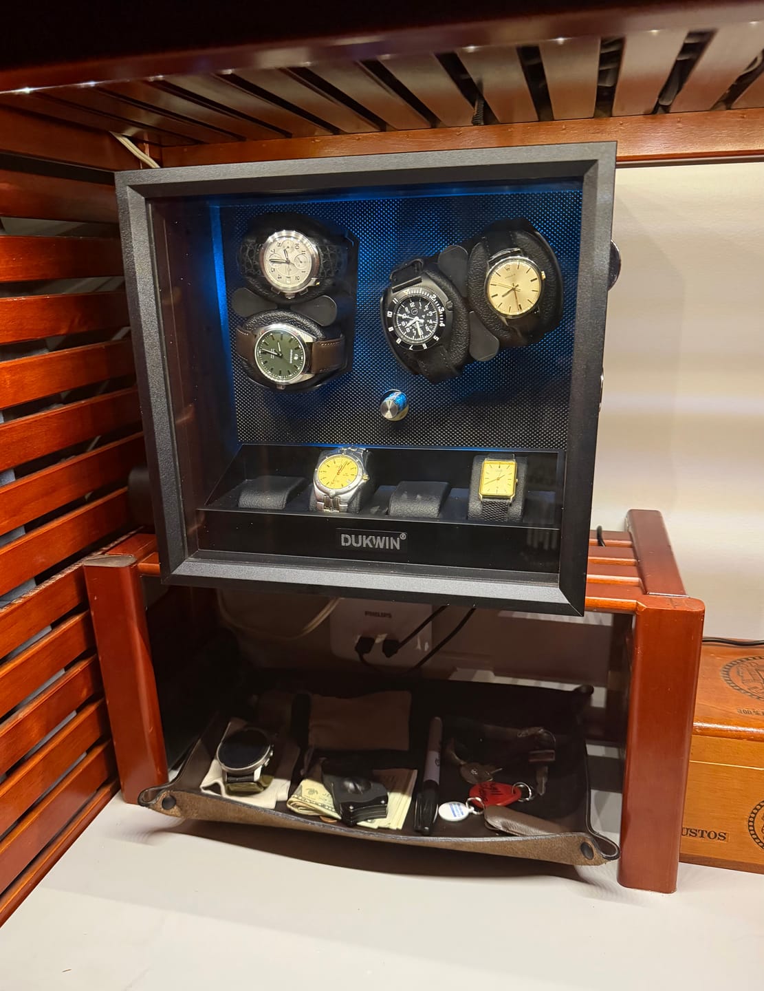 Customer photo review of 4 Watch Winders for Automatic Watches with 4 Extra Storage Aurora Blue LED Light - Black