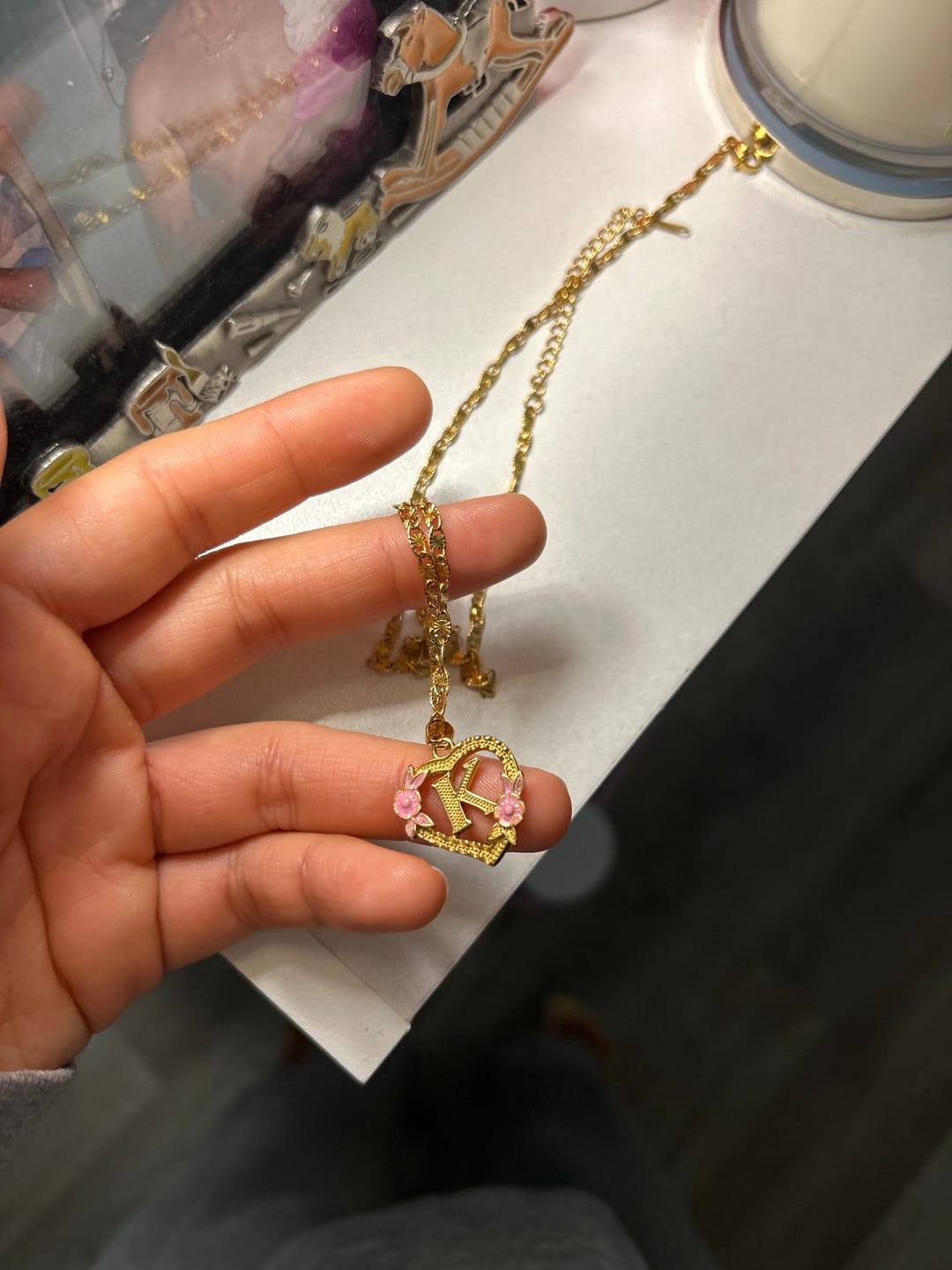 Customer photo review of Flower Initial Necklace w/ Clip Chain