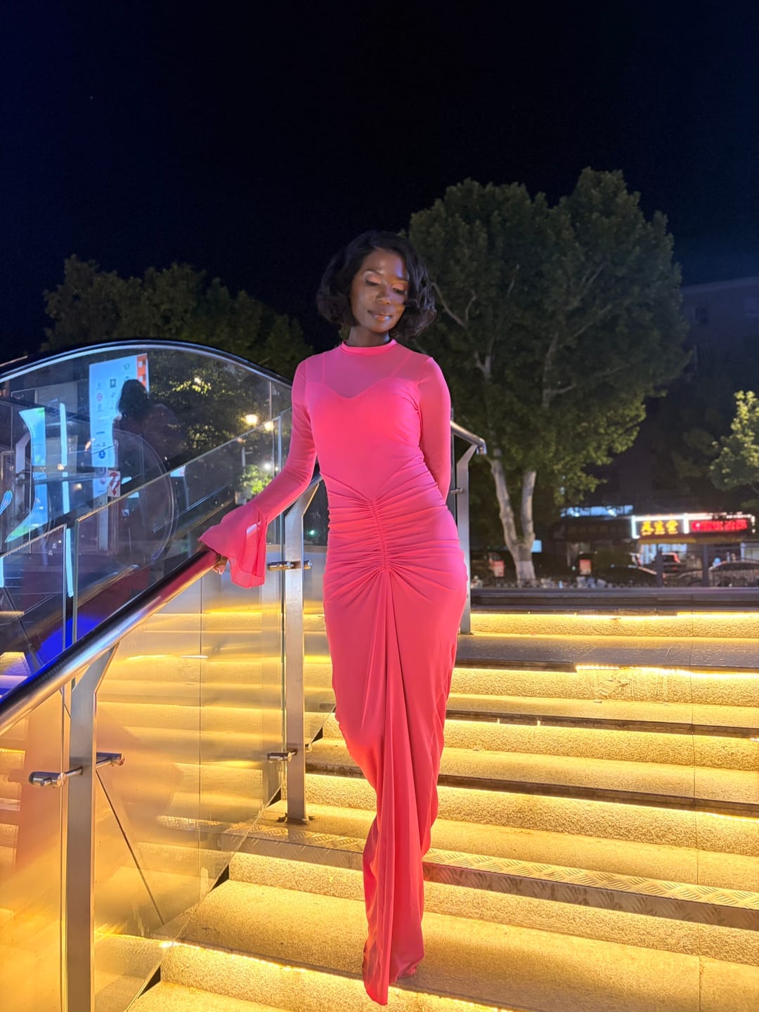 Customer photo review of High Quality Women Mock Neck Mesh Mermaid Maxi Evening Gown
