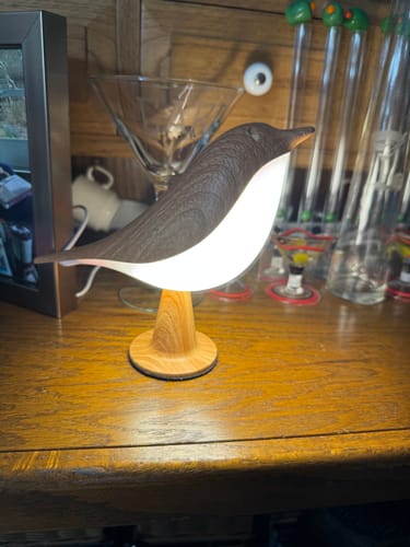 Customer's Glow Bird lamp lit up with a warm glow, standing on a wooden desk with barware in the background.