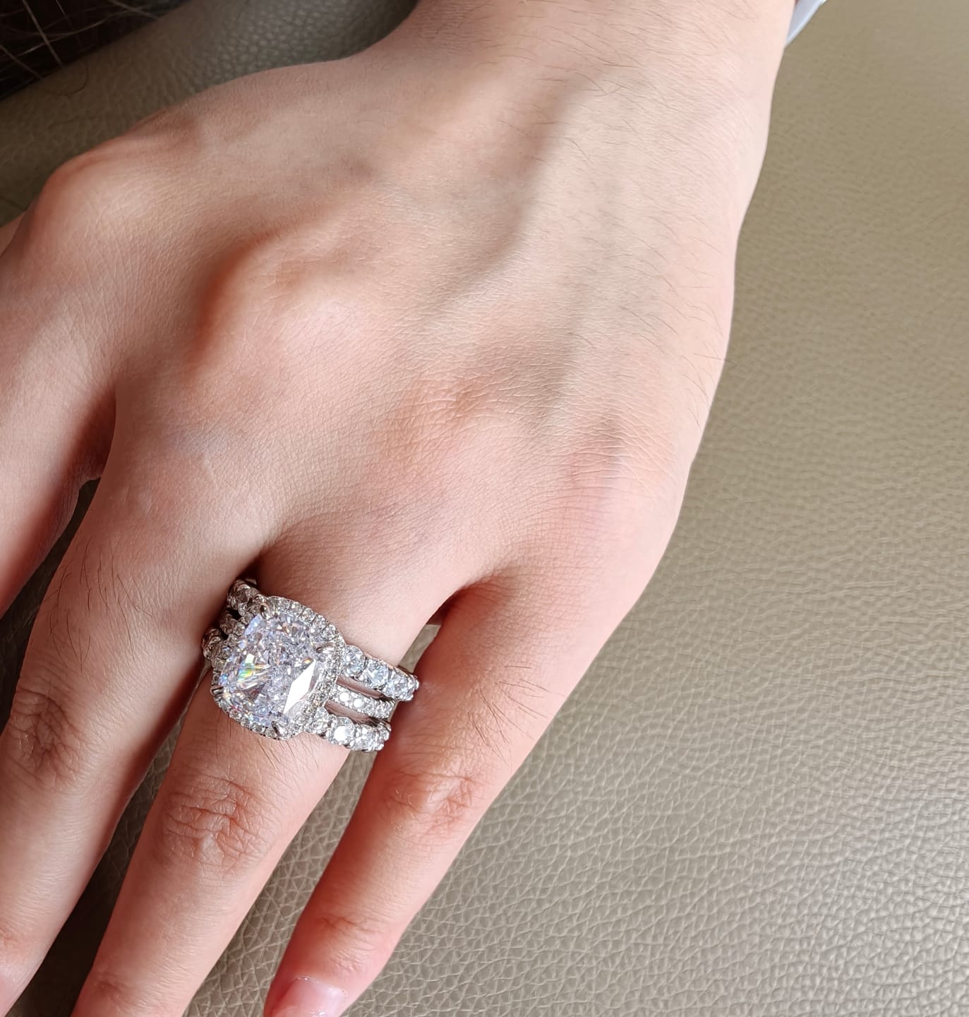 Customer photo review of S925 Gorgeous Halo 4.0Ct Cushion Cut Women's Wedding Set In Sterling Silver