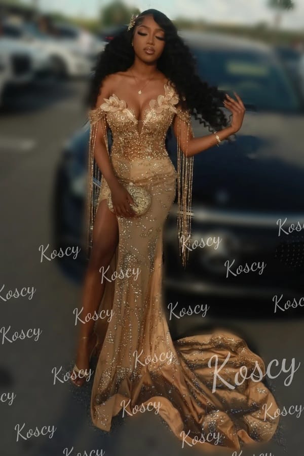 Customer photo review of Gorgeous Gold Mermaid Off-the-shoulder Beaded Sequined Long Prom Dress with Slit